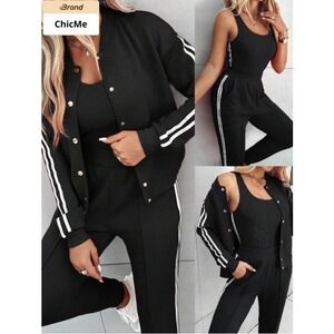 ChicMe 3 Piece Tracksuit Set Sweatsuit Tank Top Joggers Black White Striped XXL